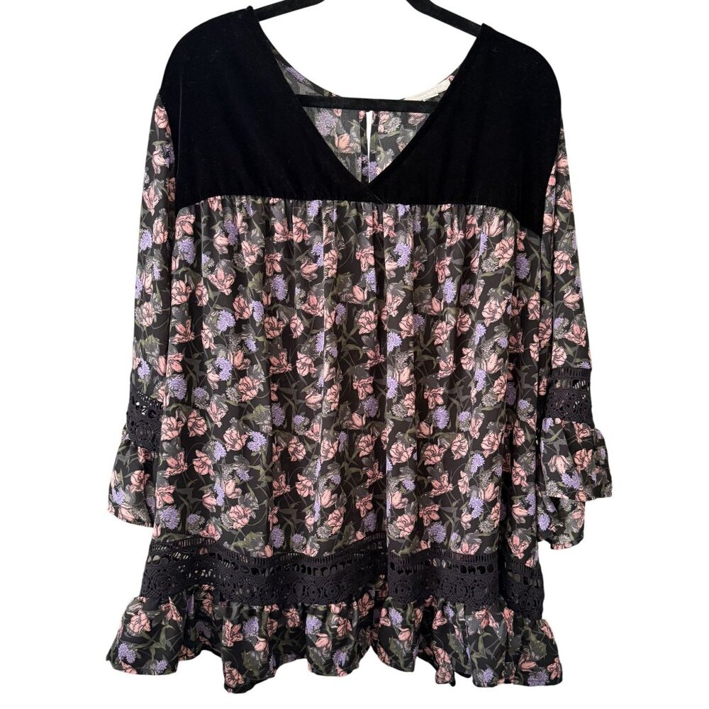 Women Within 2X Floral Velvet & Lace Boho Tunic 3/4 Bell Sleeve Plus Size
